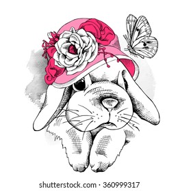 Small rabbit in a Elegant pink summer hat with butterfly. Vector illustration.