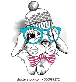 Small rabbit in a glasses and knitted hat. Vector illustration.