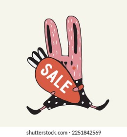 Small rabbit is holding a large marking with the inscription sale. Vector illustration