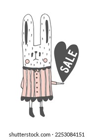 small rabbit holds a big heart with an inscription sale. Vector illustration