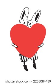 small rabbit holds a big red heart. Vector illustration