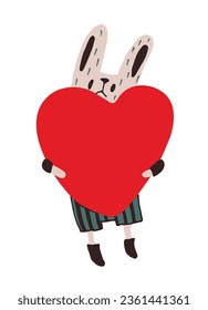 small rabbit holds a big red heart. Vector illustration
