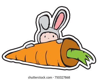 small rabbit and a large carrot, a child in an animal suit, useful food, vector image, colorful sticker
