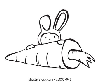small rabbit and a large carrot, a child in an animal suit, useful food, vector image, black and white sticker