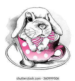 Small rabbit in a pink cup. Vector illustration.