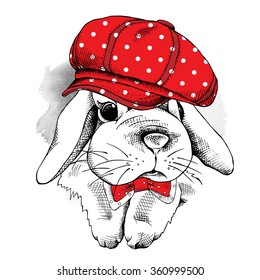Small rabbit in a red cap and with tie. Vector illustration.
