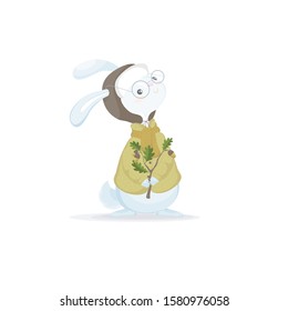 a small rabbit stands in a fur coat and hat