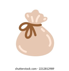 Pequeña bolsa de trapo, elemento de brujería para hierba, ingredientes, dinero. Ilustración vectorial dibujada a mano plana.