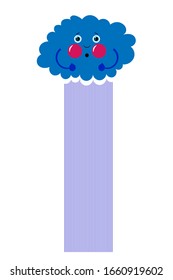 A small rain cloud pushes, as on a toilet, and rains. Tense arms, pouting cheeks, bulging eyes. Cute cartoon illustration, vector vertical orientation. Flat style.