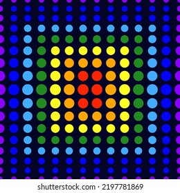 Small rainbow circles isolated on a dark blue background. Cute colorful geometric seamless pattern. Vector simple flat graphic illustration. Texture.