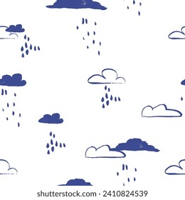 Small rainy clouds seamless pattern. Hand drawn summer or autumn sky organic shapes. Rain drops background design, textile print. Wallpaper, baby apparel tropical fabric template motif