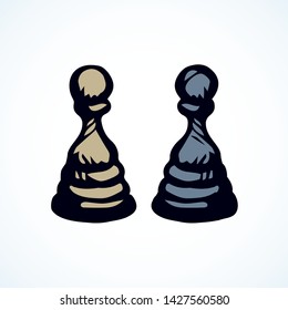 Small rank leader on check board backdrop. Freehand dark line ink hand drawn chessman winner element toy logo emblem sketchy in retro art doodle engraved style pen on paper text space. Closeup view
