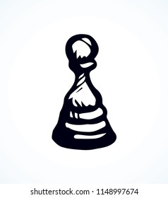 Small rank toy on check board backdrop. Dark line ink hand drawn chessman winner element logo emblem sketchy in retro art doodle engraved style pen on paper space for text. Closeup view