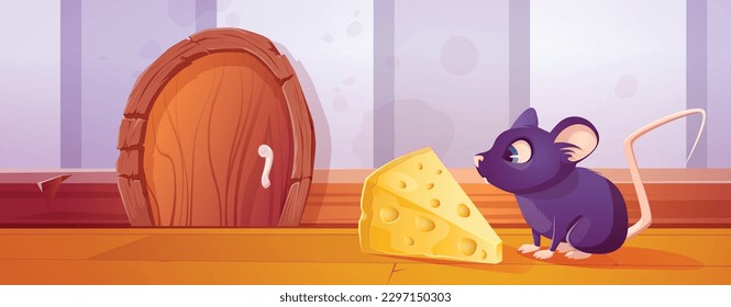 Small rat near mouse hole door and cheese lure cute cartoon game background. Hidden in wall closed mice burrow adventure illustration. Animal apartment entrance in wooden plinth panoramic illustration