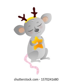 A small rat with a rim of deer horns on its head holds an asterisk in its paws. 2020 symbol stock vector illustration isolated on white background. For New Year website design, social networks.