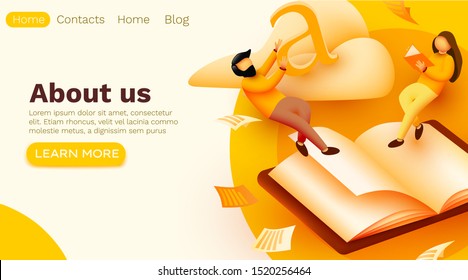 Small reading people flying above book. Education concept. School or university students. Website template. Vector illustration