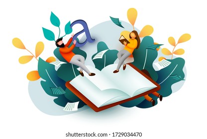 Small reading people flying above book. Education concept. School or university students. Science banner. Vector illustration