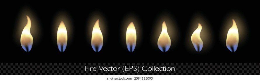 Small realistic fire set, like candle, match, lighter fire or fire from another small ignition source, vector (EPS), editable illustration on transparent background