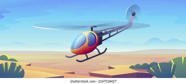 Small realistic helicopter lands on sandy terrain on desert background.