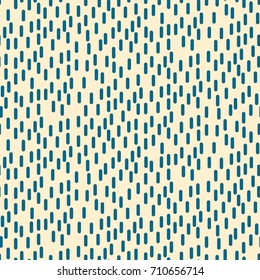 Small rectangle rain particles seamless vector pattern. Blue on beige basic geometric abstract repeat background.