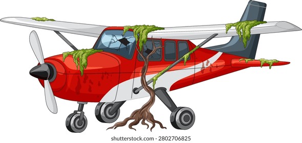 Small red airplane covered in green moss, tree roots growing through, clean vector cartoon style
