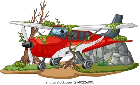Small red airplane sits abandoned, covered in moss and vines, surrounded by rocks and trees