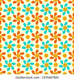 Small red and blue daisies in a retro 1970 style. Vintage floral pattern with smileys. Vector drawing. For clothing, packaging, design and textiles, postcards and flyers.