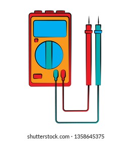 A small red blue electricity meter, tester, digital multimeter, for measuring AC, DC voltage, current, resistance, wiring damage and connections. Construction tool. Vector.