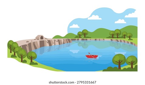 Small red boat floating on water
