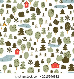Small red cabins in forest. Scandinavian pattern, woodland texture. Detailed small scale vector background for nursery wallpaper, kids textile print