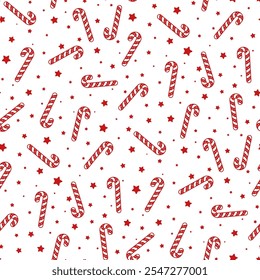 Small red candy canes and stars isolated on white background. Cute monochrome seamless pattern. Vector simple flat graphic illustration. Texture.