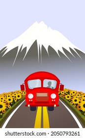 A small red car, a bus is driving along the road between fields of sunflowers. Sunny warm day. Mountains, rocks with snowy peaks. Sunflower, harvesting. Autumn trip with the whole family