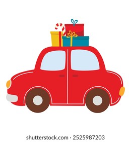 A small red car carries New Years gifts in colorful boxes on its roof. Vector cartoon illustration