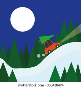 A small red car with a christmas tree on the roof drives home through a winter landscape of snow and trees beneath a full moon