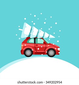 Small red car with christmas tree on the top. Preparing for Christmas. Vector Illustration.