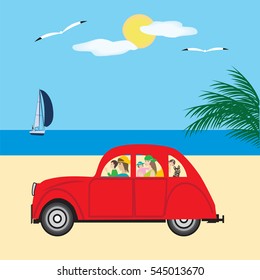 small red car family parents children dog yacht sea sun gull tree art modern vector creative design element travel poster