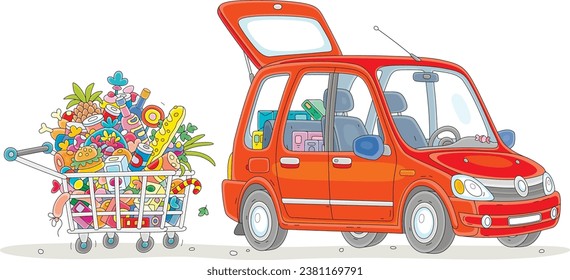 Small red car and a shopping cart full of foods, drinks and gifts for merry holidays, vector cartoon illustration isolated on a white background