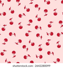 Small red cherries on a light pink background, a small cherry pattern, Vector illustration for print.