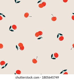 Small red cherry pattern. Cute cartoon cherries on a beige background. Juicy berries design for textile, fabric. Hand-drawn seamless pattern.