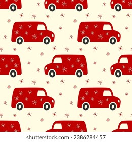 Small red Christmas delivery vans and snowflakes isolated on a white background. Cute holiday seamless pattern. Vector simple flat graphic illustration. Texture.