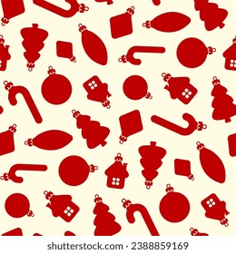 Small red Christmas tree toys isolated on a white background. Cute monochrome holiday seamless pattern. Vector simple flat graphic illustration. Texture.