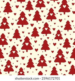 Small red Christmas trees and hearts isolated on white background. Cute monochrome seamless pattern. Vector simple flat graphic hand drawn illustration. Texture.