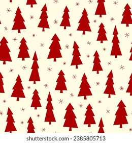 Pequeños árboles de Navidad rojos y copos de nieve aislados en un fondo blanco. Unas vacaciones monocromáticas sin fisuras. Ilustración gráfica plana vectorial simple. Textura.