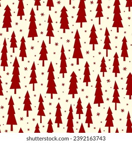 Small red Christmas trees and snowflakes isolated on a white background. Cute monochrome holiday seamless pattern. Vector simple flat graphic illustration. Texture.