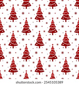 Small red Christmas trees and snowflakes isolated on white background. Cute seamless pattern. Vector simple flat graphic illustration. Texture.