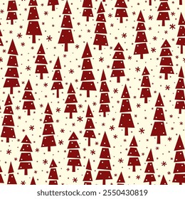 Pequeños árboles de Navidad rojos y copos de nieve aislados sobre fondo blanco. Lindo patrón monocromático sin costuras. Vector simple ilustración gráfica plana. Textura.