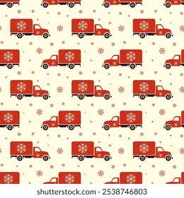 Small red christmas trucks and snowflakes isolated on white background. Cute seamless pattern. Vector simple flat graphic illustration. Texture.