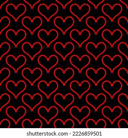 Small red contour linear hearts isolated on black background. Cute monochrome seamless pattern. Vector simple flat graphic illustration. Texture.