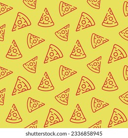 Small red contour triangular pizza slices isolated on yellow background. Monochrome linear seamless pattern. Vector simple flat graphic illustration. Texture.