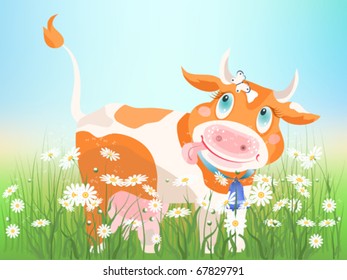  The small red cow on chamomiles meadow.
